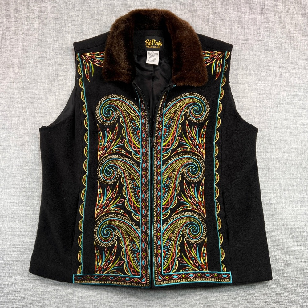 Bob Mackie Wearable Art Embroidered Vest Women XL Black Faux Fur Boho Artsy